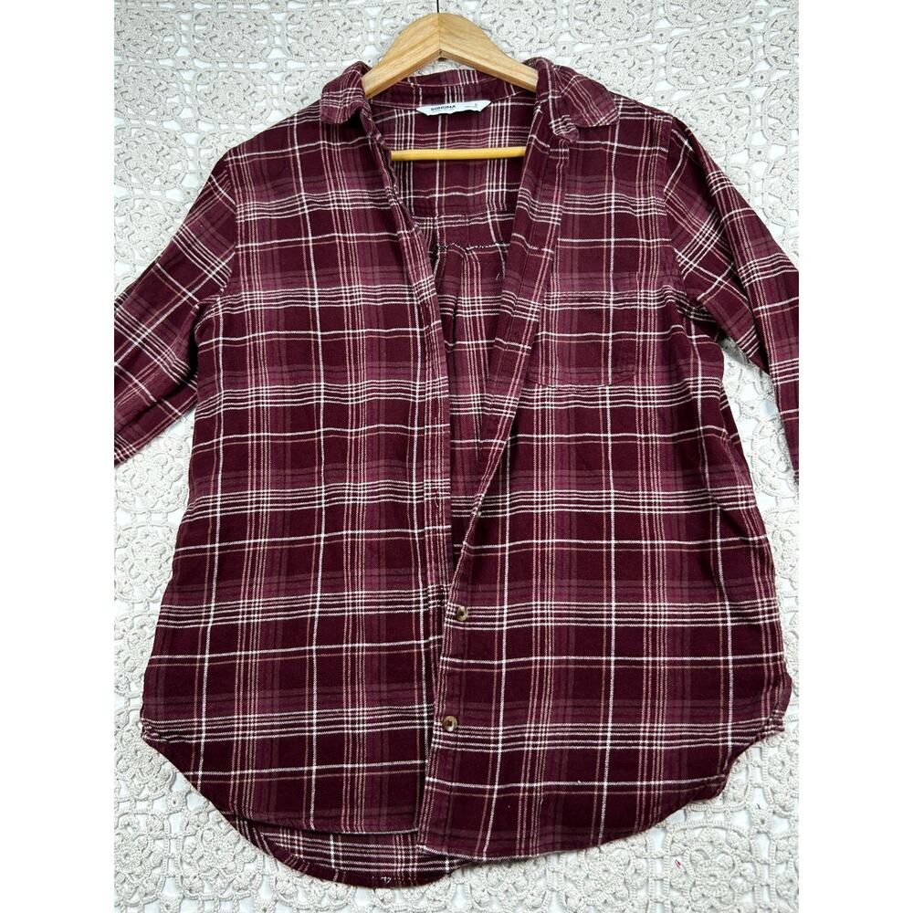 SONOMA Burgundy Wine Plaid Upcycled Butterfly Flannel Shirt Size Small - Picture 10 of 11